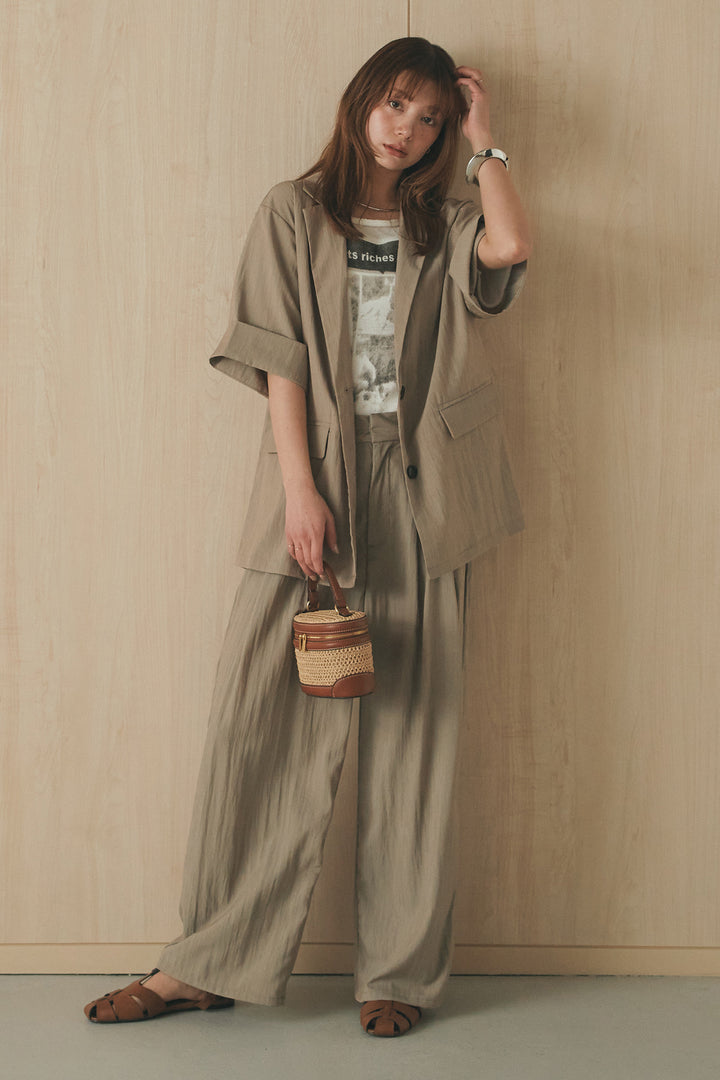[SET]半袖モノトーングラフィックトップス+リネンライク2タックワイドパンツ(2set)
