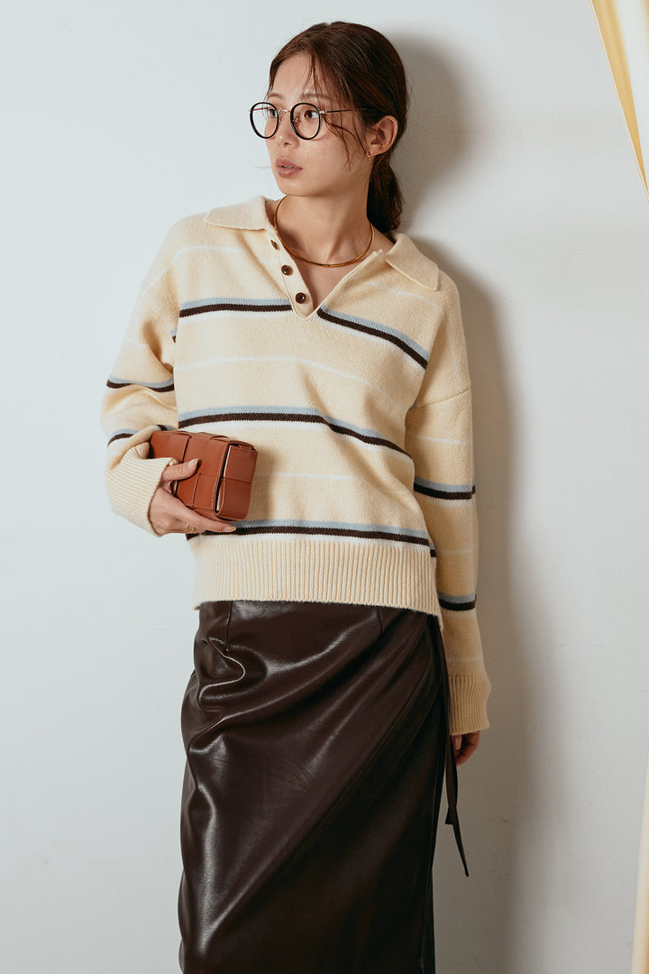 [SET]襟付きマルチボーダーニットポロトップス+紐付きフェイクレザーワイドスカート(2set)