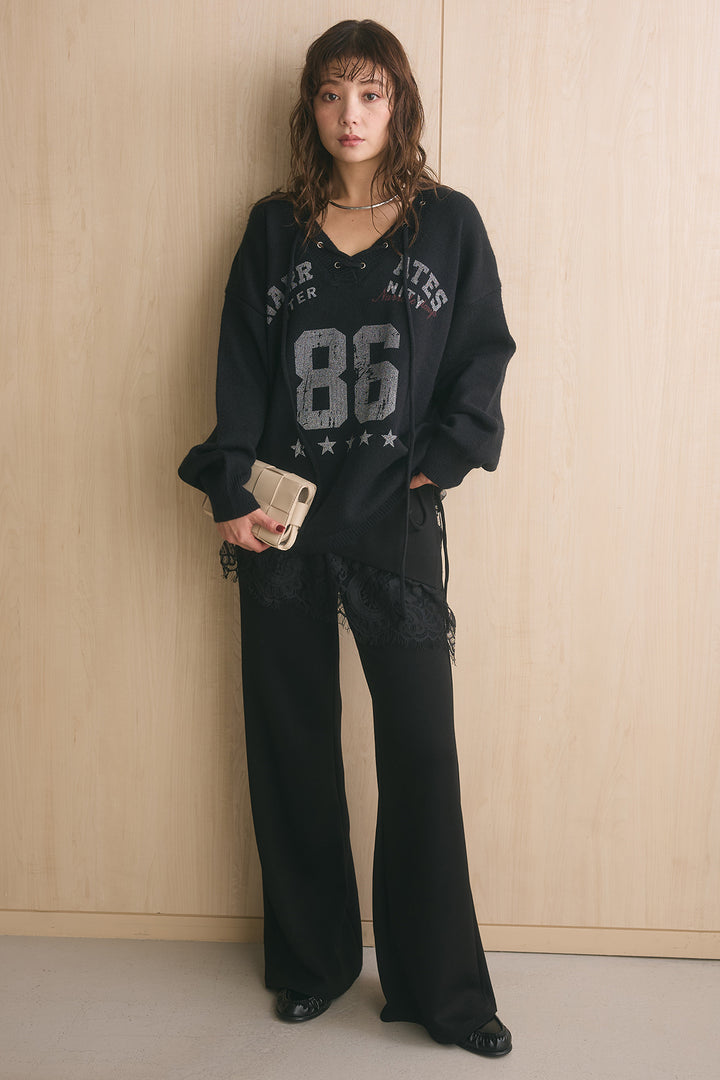 [SET]ナンバリングニットプルオーバー+レースレイヤードラップパンツ(2set)