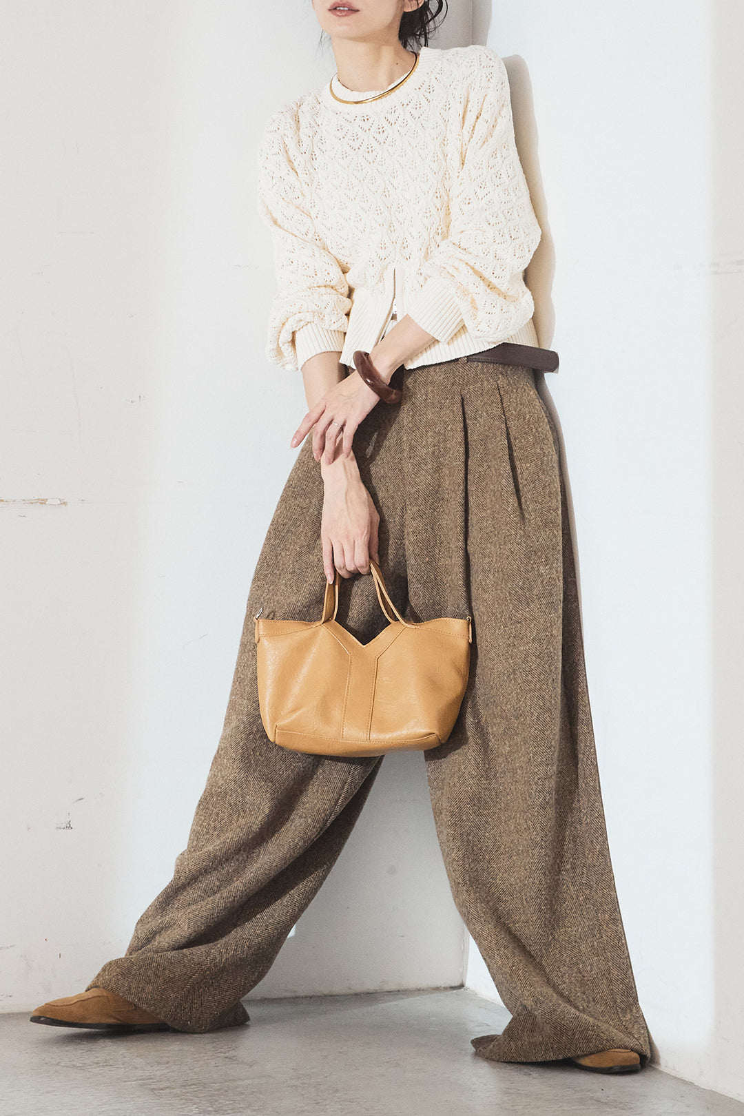 [SET]透かし編みニットジップスリットプルオーバー+タックツイードワイドパンツ(2set)