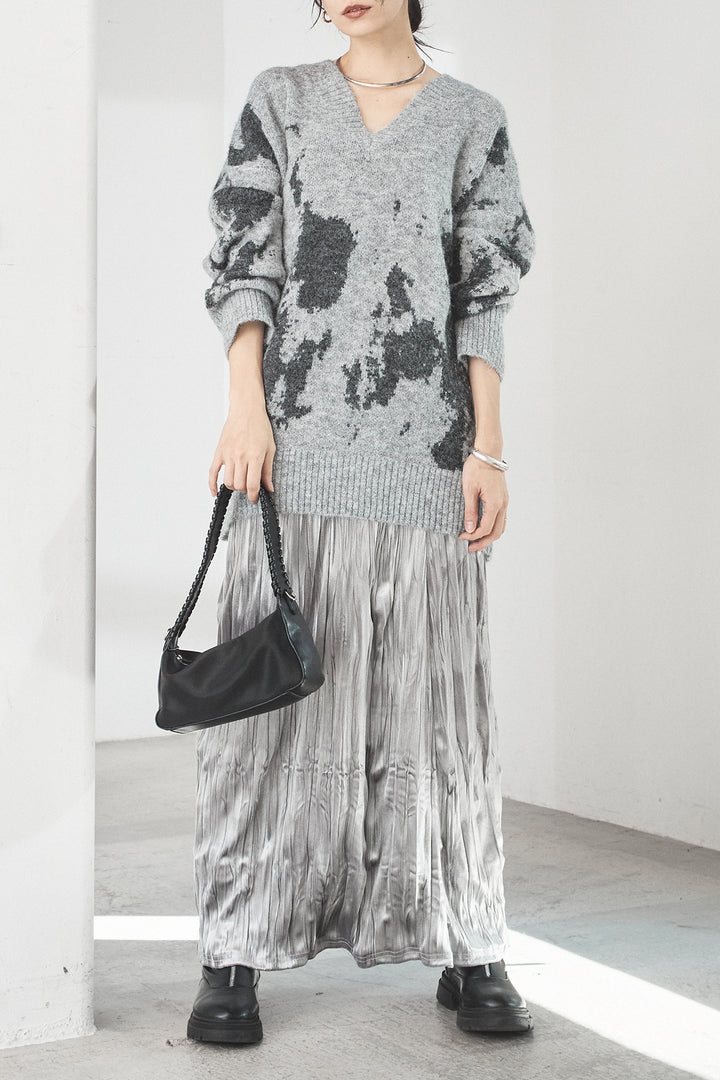 [SET]アブストラクト柄ニットプルオーバー+ベロアロングプリーツスカート(2set)