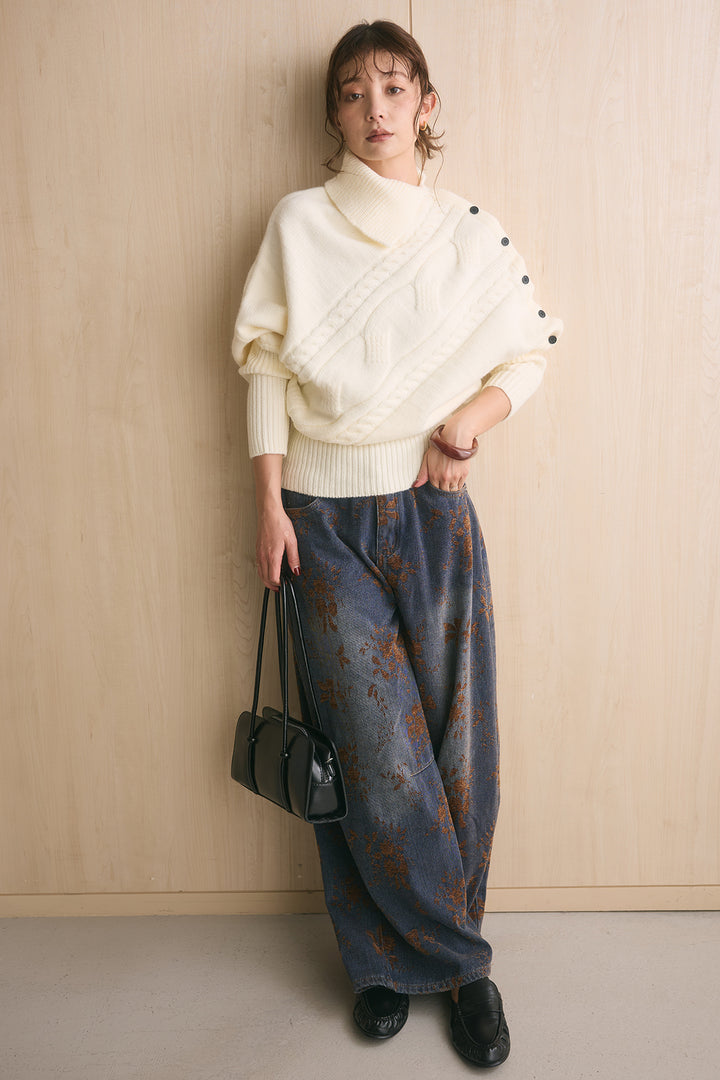 [SET]アシメカラーボタンケーブルニット+フラワーモチーフ刺繍カーブデニム(2set)