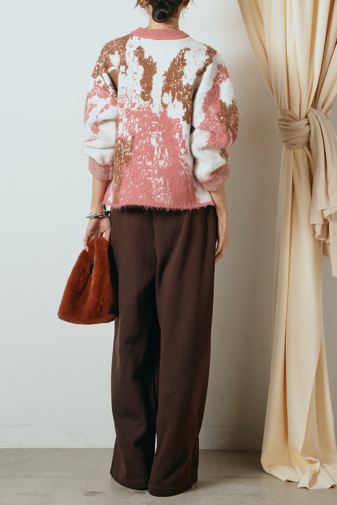 [SET]起毛ニュアンス柄ニットプルオーバー+裏起毛スウェットワイドパンツ(2set)