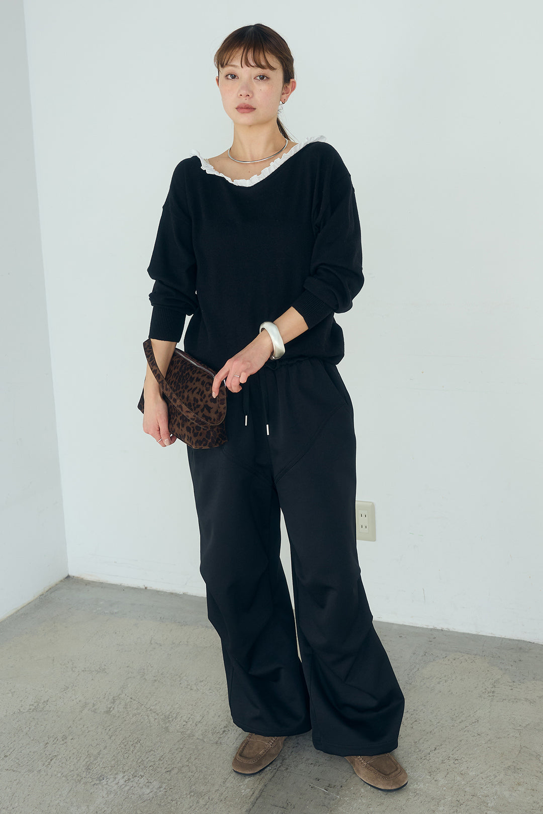 [SET]クールクール異素材コンビオフショルプルオーバー+ランダムタックデザインワイドパンツ(2set)