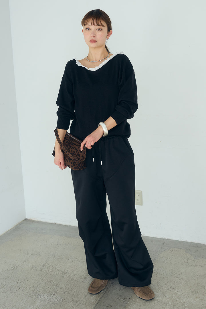 [SET]クールクール異素材コンビオフショルプルオーバー+ランダムタックデザインワイドパンツ(2set)