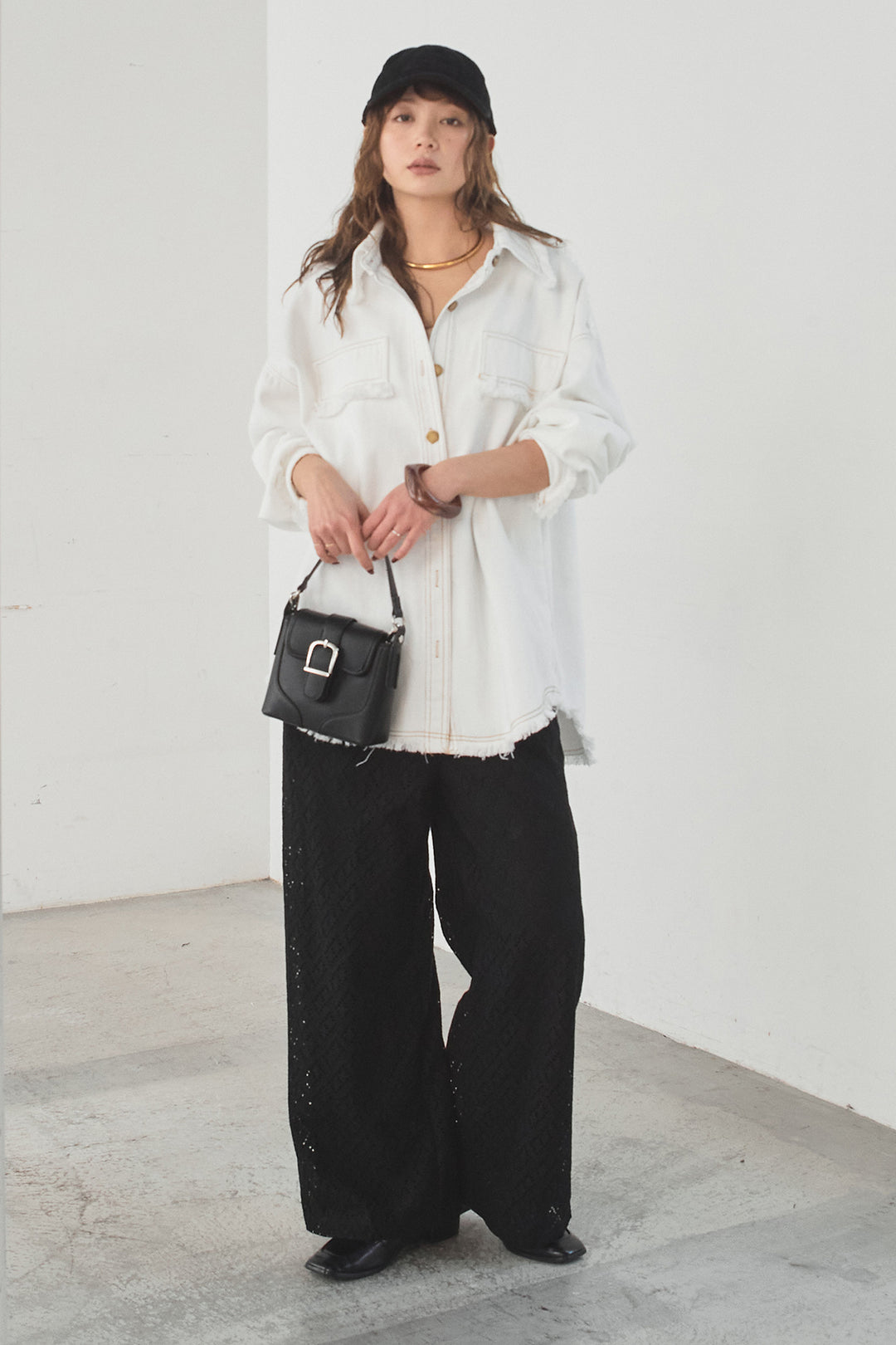 [SET]フリンジデニムジャケット+ダイヤ柄レースロングイージーパンツ(2set)