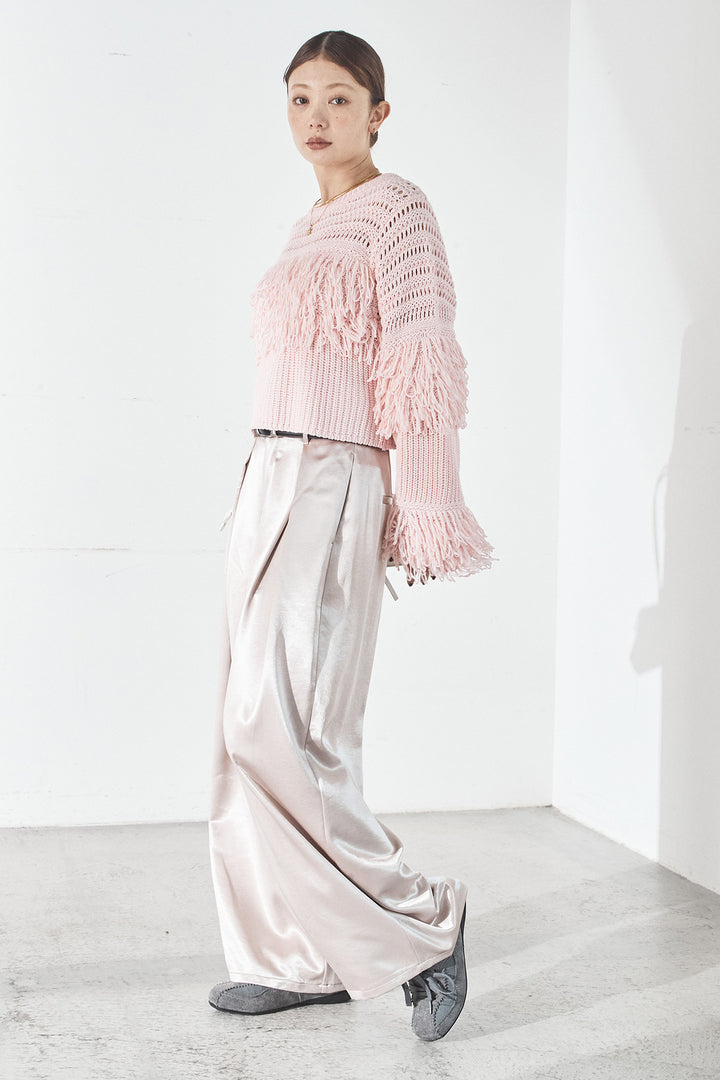 [SET]メッシュフリンジ切り替えプルオーバー+サテンタックワイドパンツ(2set)