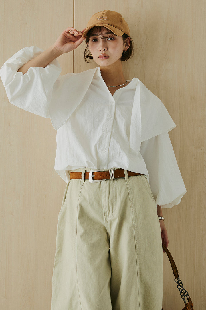 [SET]ケープカラーナイロンブラウス+サイドベルトカーブワイドパンツ(2set)