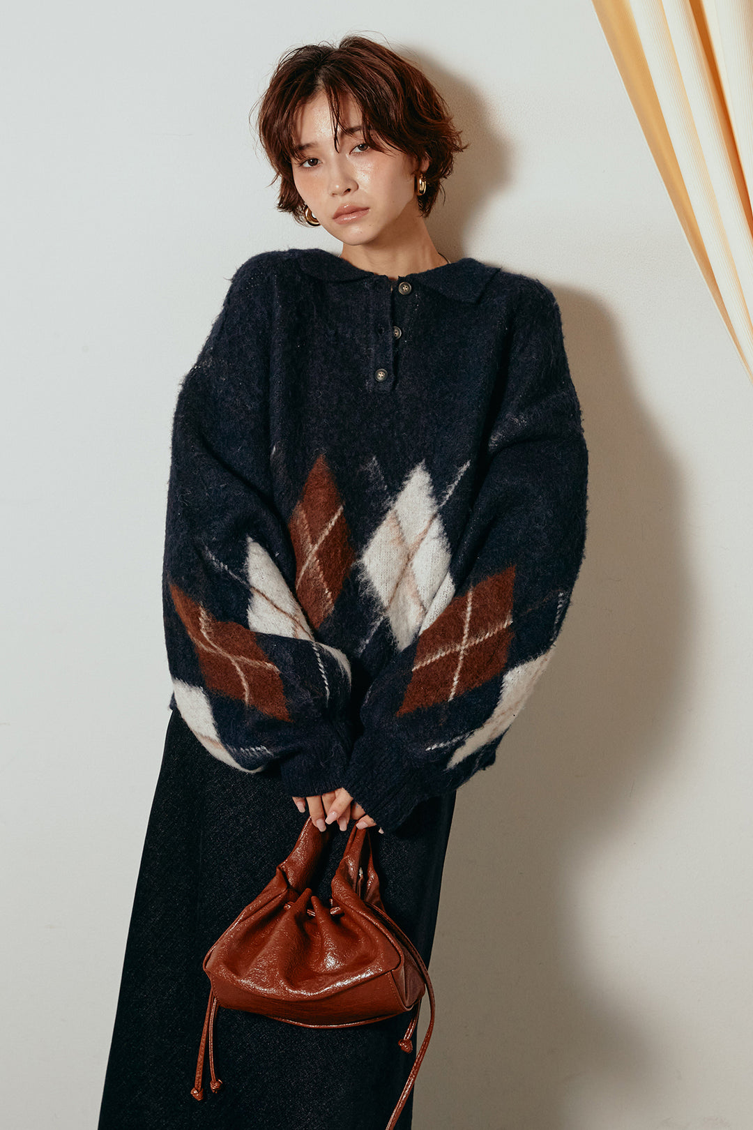 [SET]アーガイル柄ポロニットトップス+スウェードライクロングスカート(2set)