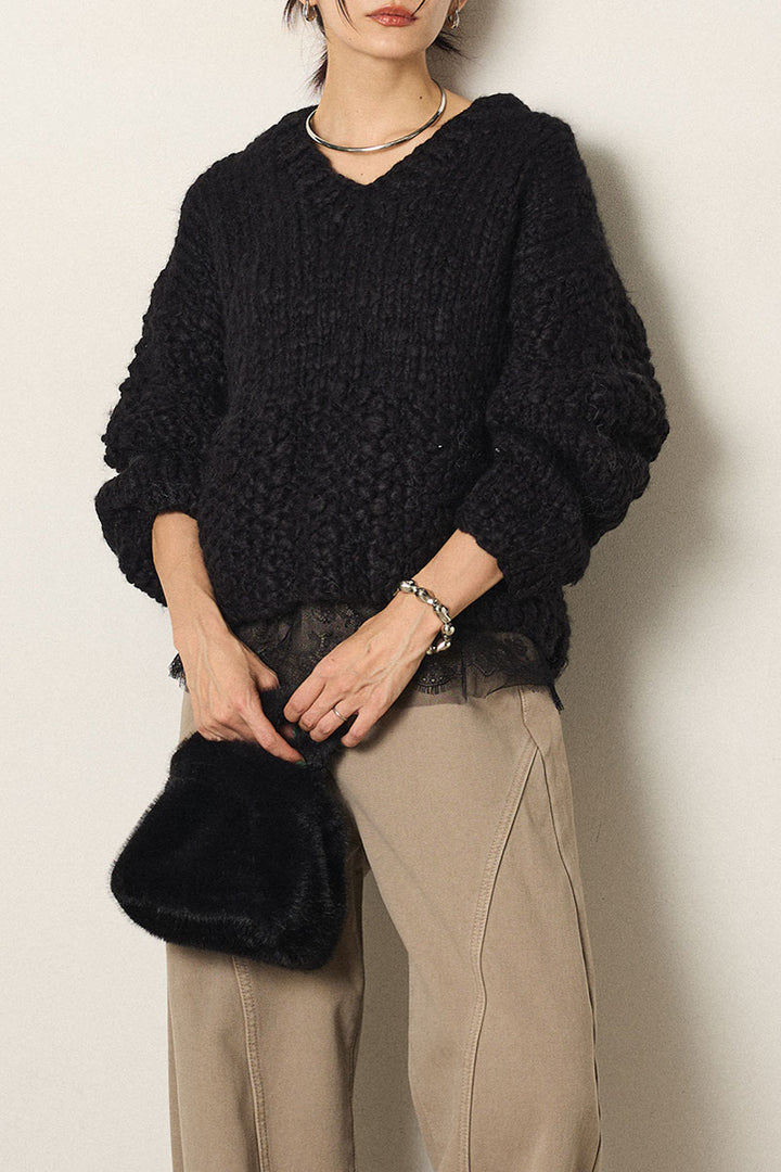 [SET]Vネックハンド編みニットトップス+レース切り替えキャミソール(2set)