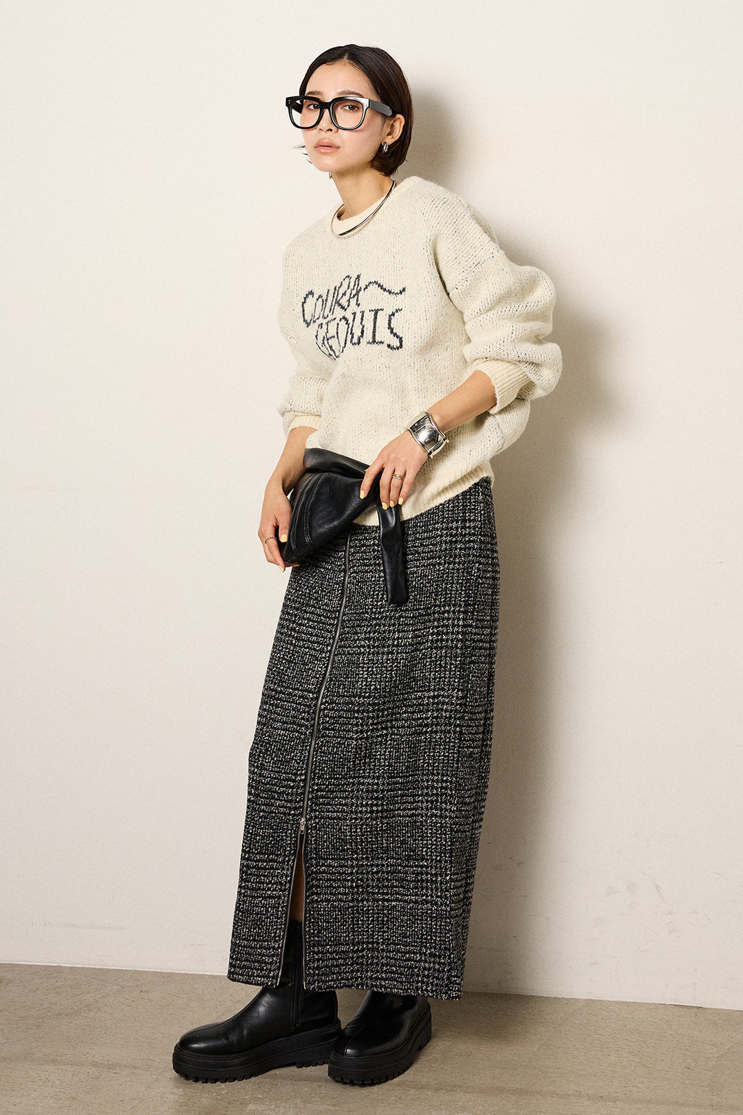 [SET]ロゴシャギーニットプルオーバー+グレンチェック柄フロントジップタイトスカート(2set)