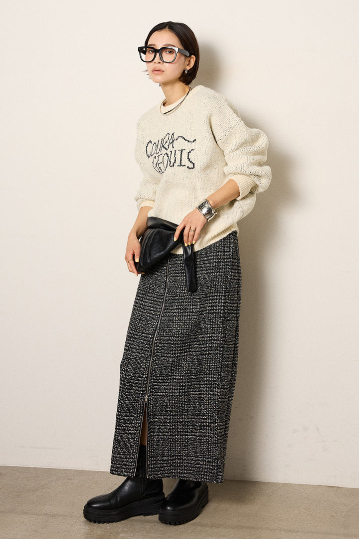 [SET]ロゴシャギーニットプルオーバー+グレンチェック柄フロントジップタイトスカート(2set)