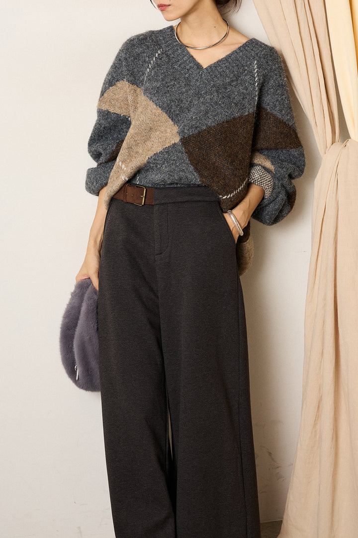 [SET]ルーズアーガイルVネックニット+サイドベルトパンツ(2set)