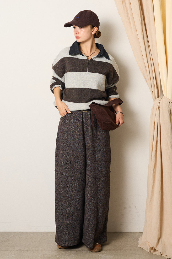[SET]デニムカラーボーダールーズニット+太ベルト付きツイードワイドパンツ(2set)