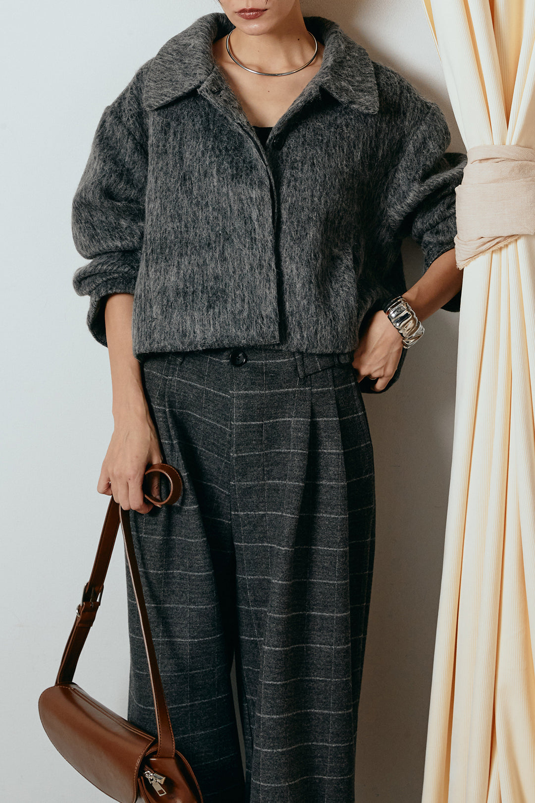 [SET]シャギーショートジャケット+スクエアチェック柄ワイドパンツ(2set)