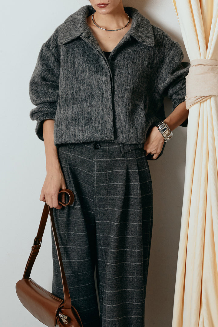 [SET]シャギーショートジャケット+スクエアチェック柄ワイドパンツ(2set)