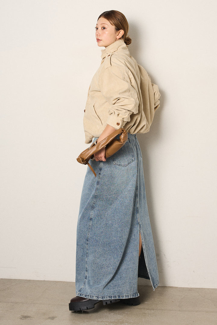 [SET]スタンド襟スウェードライクアウター+デニムロングフレアスカート(2set)