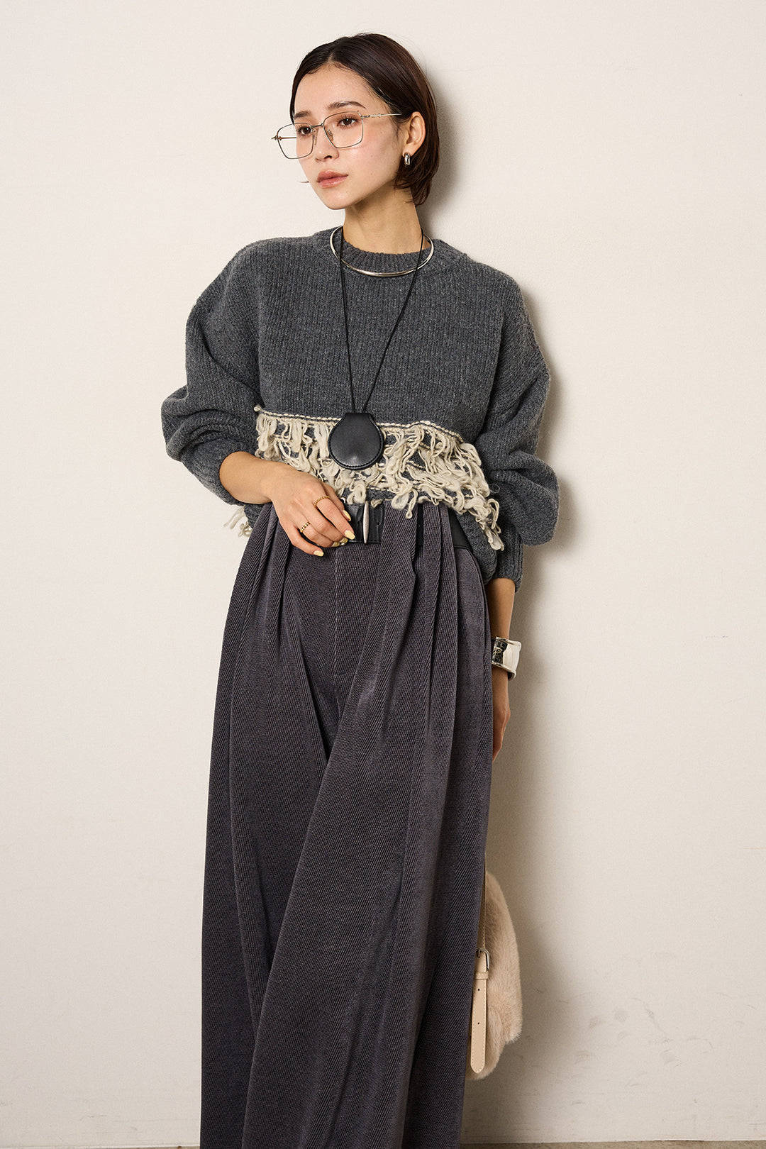 [SET]ループ編み切り替えニットプルオーバー+ベルトループコーデュロイワイドパンツ(2set)