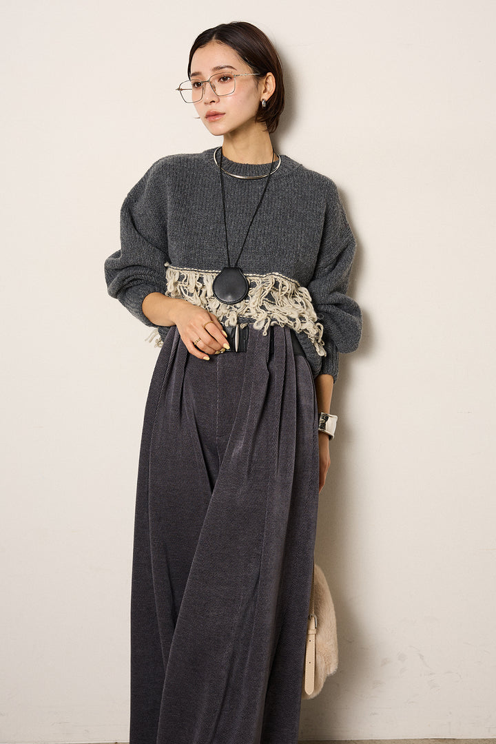 [SET]ループ編み切り替えニットプルオーバー+ベルトループコーデュロイワイドパンツ(2set)