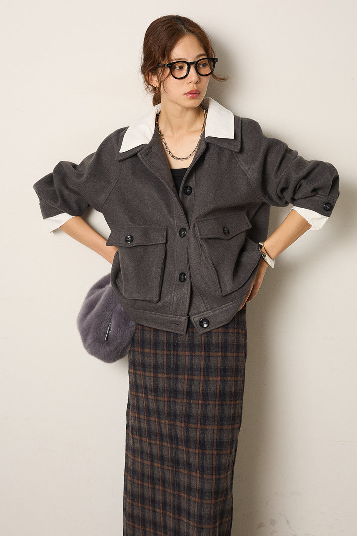 [SET]衿レイヤードフェイクウールジャケット+シャギーチェックストレートスカート(2set)