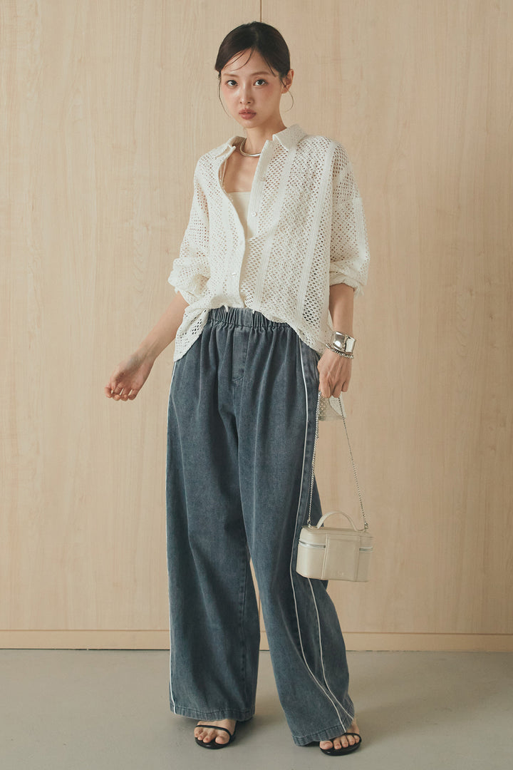 [SET]長袖襟付きレースシャツ+ドロストサイドラインデニムパンツ(2set)