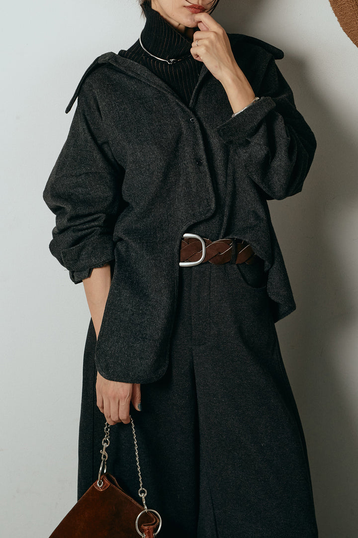 [SET]裾アシンメトリーデザインシャツ+編みベルト付きワイドパンツ+リブニットシームレスタートルプルオーバー(3set)