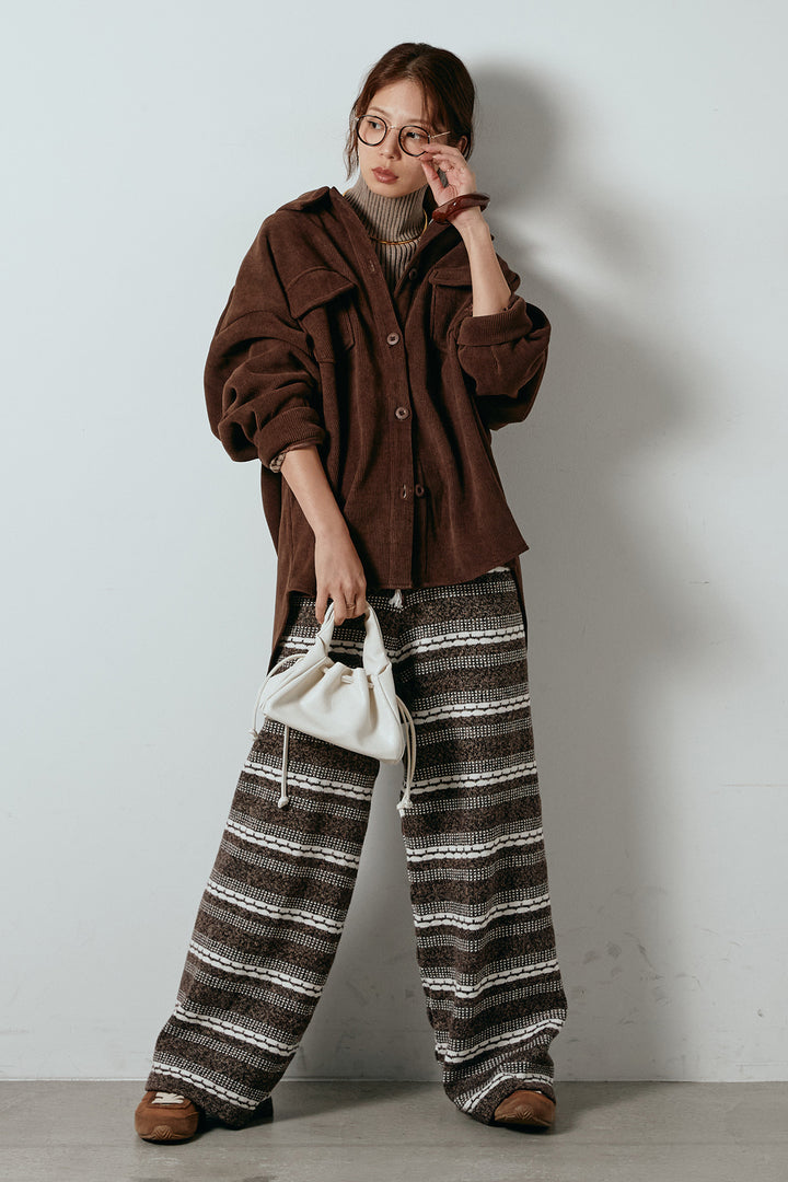 [SET]襟付きコーデュロイポケットシャツ+マルチライン柄リラックスニットパンツ(2set)