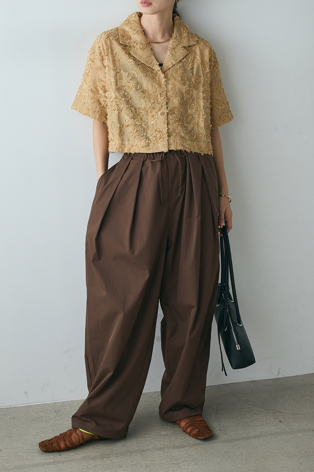 [SET]半袖オープンカラージャガード柄シャツ+タックワイドリラックスパンツ(2set)