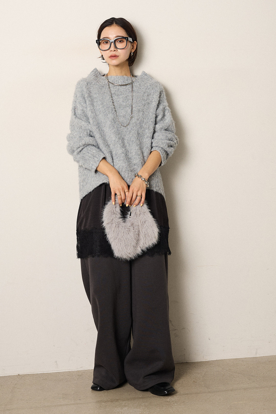 [SET]アルパカタッチオフショルニット+レース切り替えキャミソール(2set)