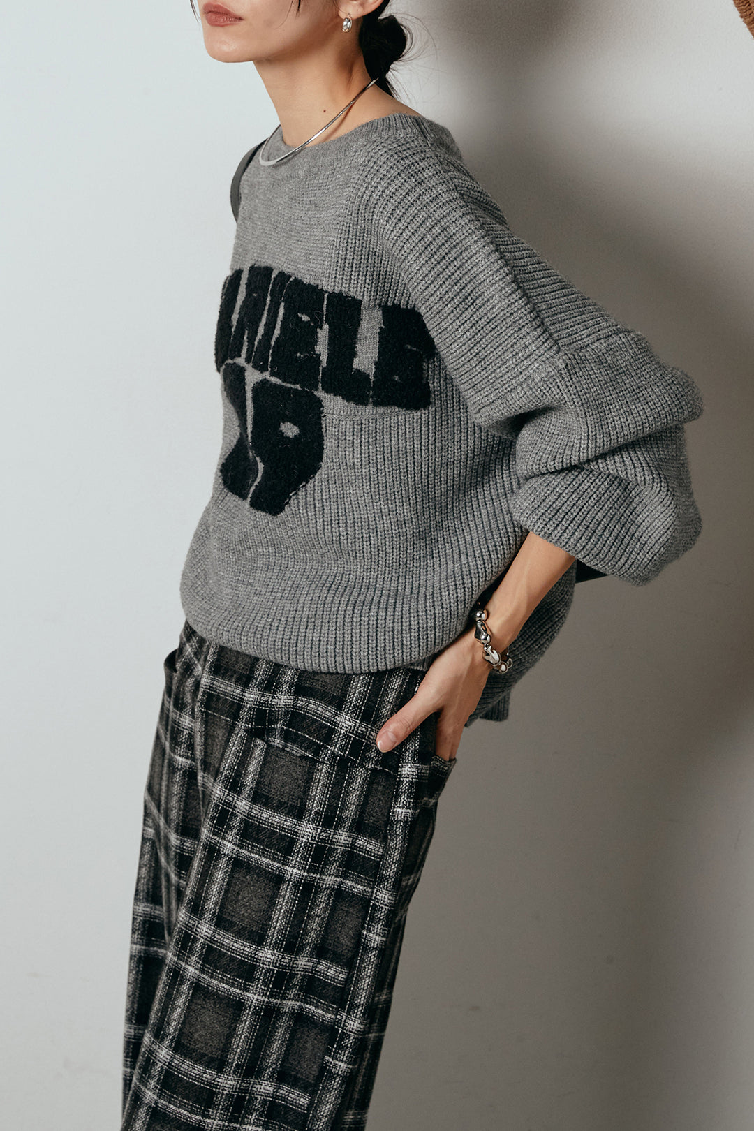 [SET]ロゴジャガードニットトップス+ルーズタータンチェックワイドパンツ(2set)