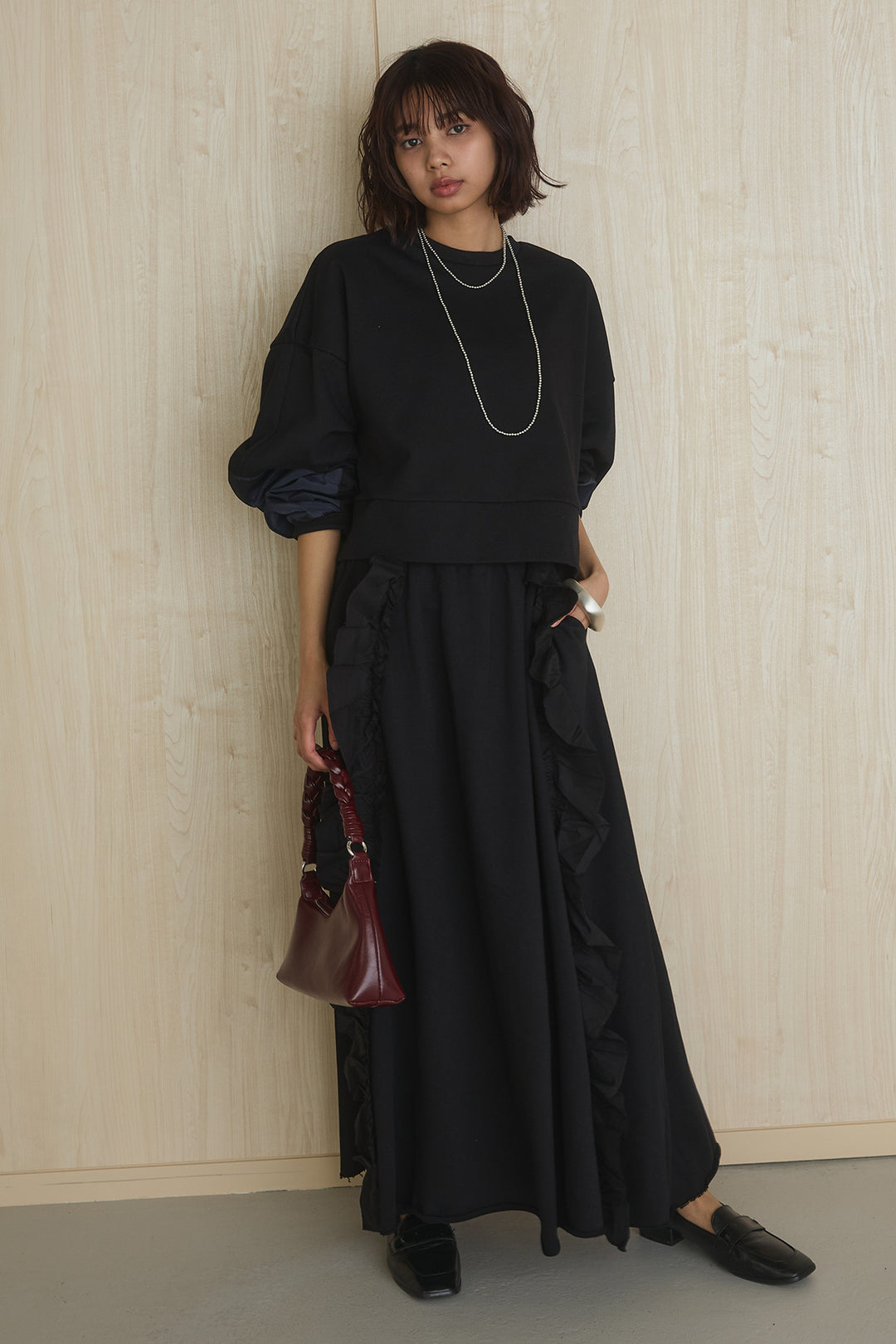 [SET]アームパッチスウェットプルオーバー+ビッグフリルスウェットロングスカート(2set)