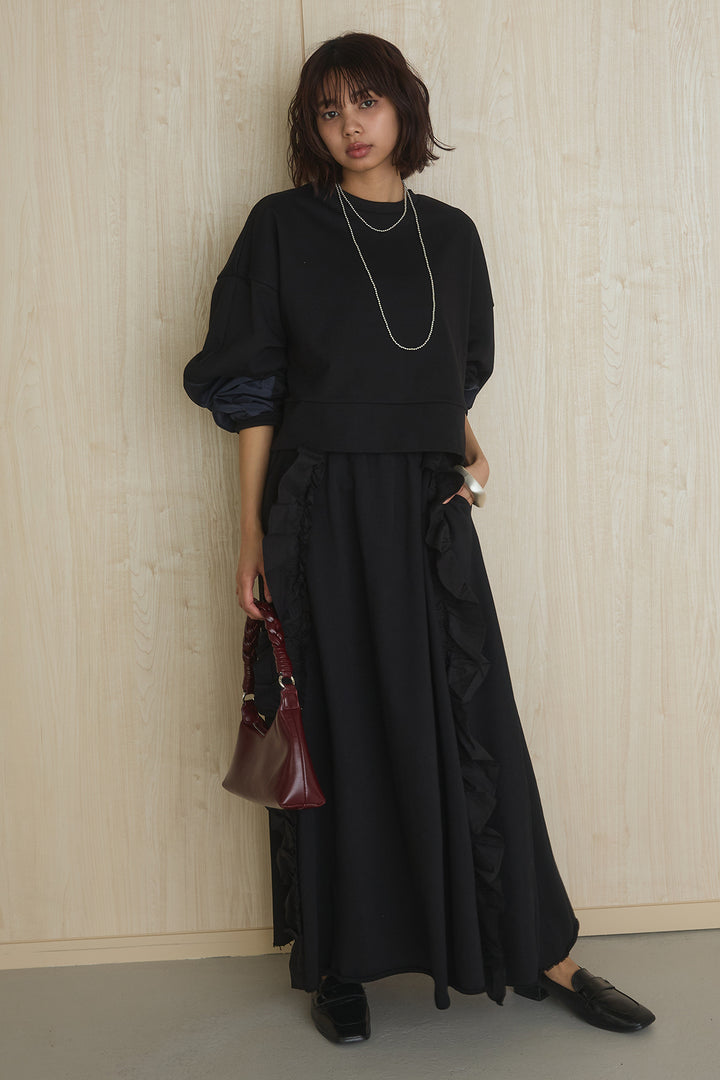 [SET]アームパッチスウェットプルオーバー+ビッグフリルスウェットロングスカート(2set)