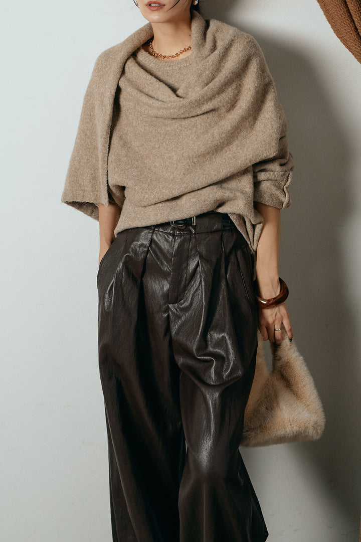 [SET]ネック巻きデザインニットトップス+ベルト付きレザーライクタックパンツ(2set)