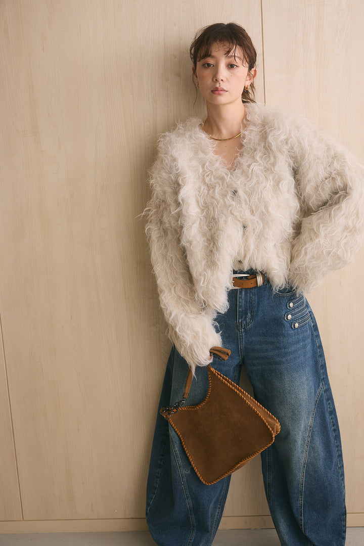 [SET]エアリーシャギーVネックカーデ+ナポレオンディティールカーブデニム(2set)