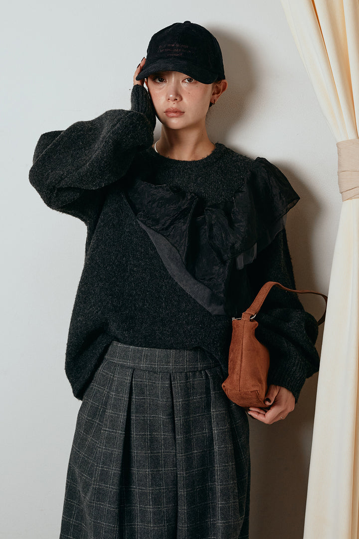 [SET]アシンメトリーフリルニットトップス+ウールライクチェックタックパンツ(2set)