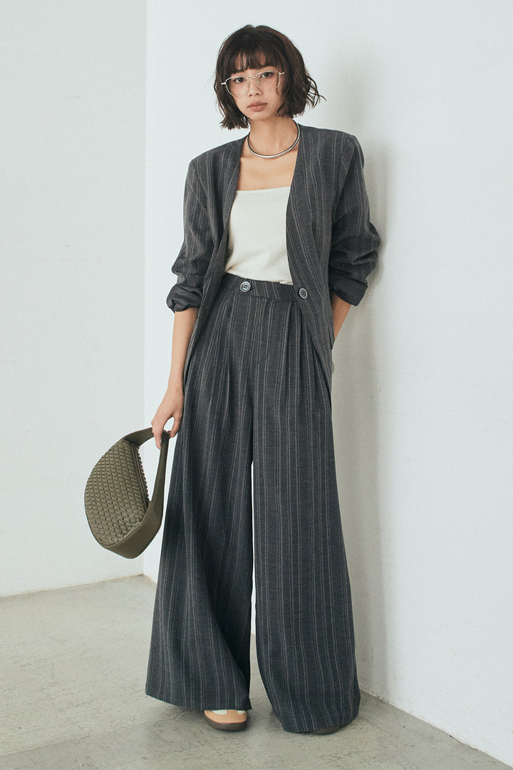[SET]ノーカラーピンストライプジャケット+ピンストライプワイドスラックス(2set)