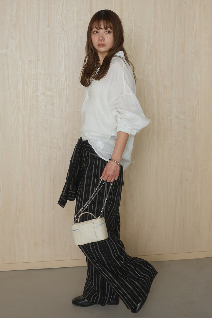 [SET]襟付きボタンブラウス+ウエスト巻きピンストライプパンツ(2set)
