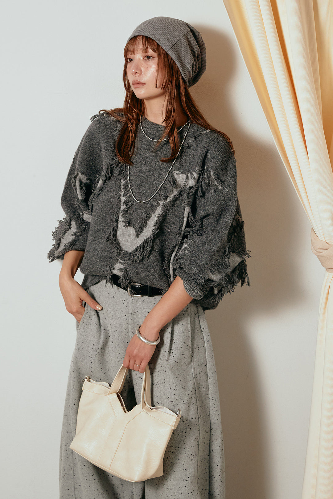 [SET]シャギージャガードニットトップス+ベルト付きネップツイードカーブパンツ(2set)