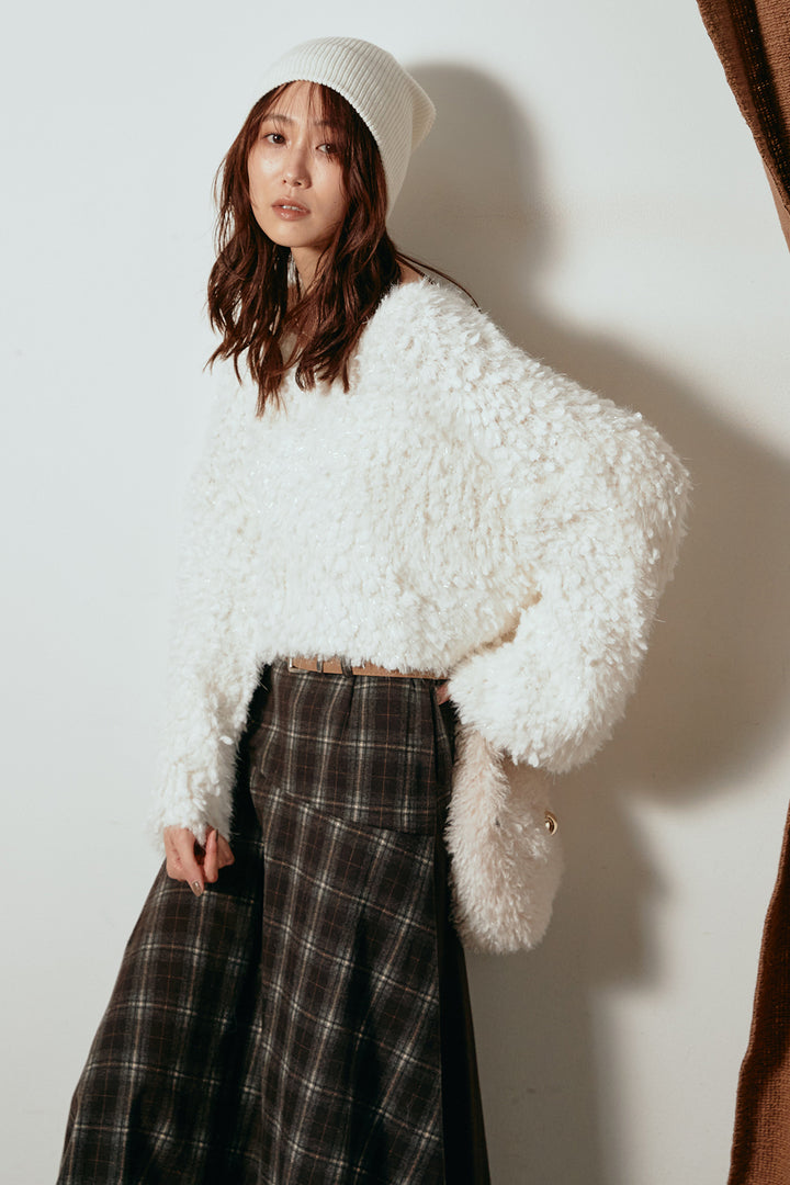 [SET]深Vネックチョウチョヤーンニットトップス+フェイクレザーベルト付き切り替えタータンチェックスカート(2set)
