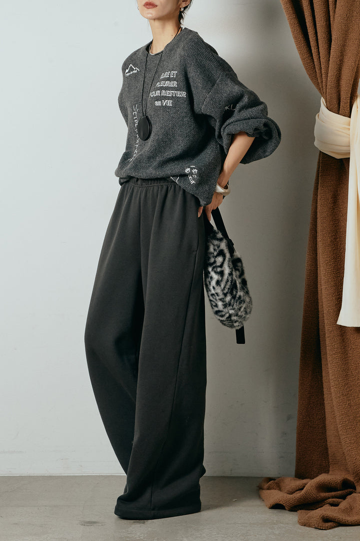 [SET]刺繍ロゴランダムデザインニットトップス+裏起毛スウェットワイドパンツ(2set)