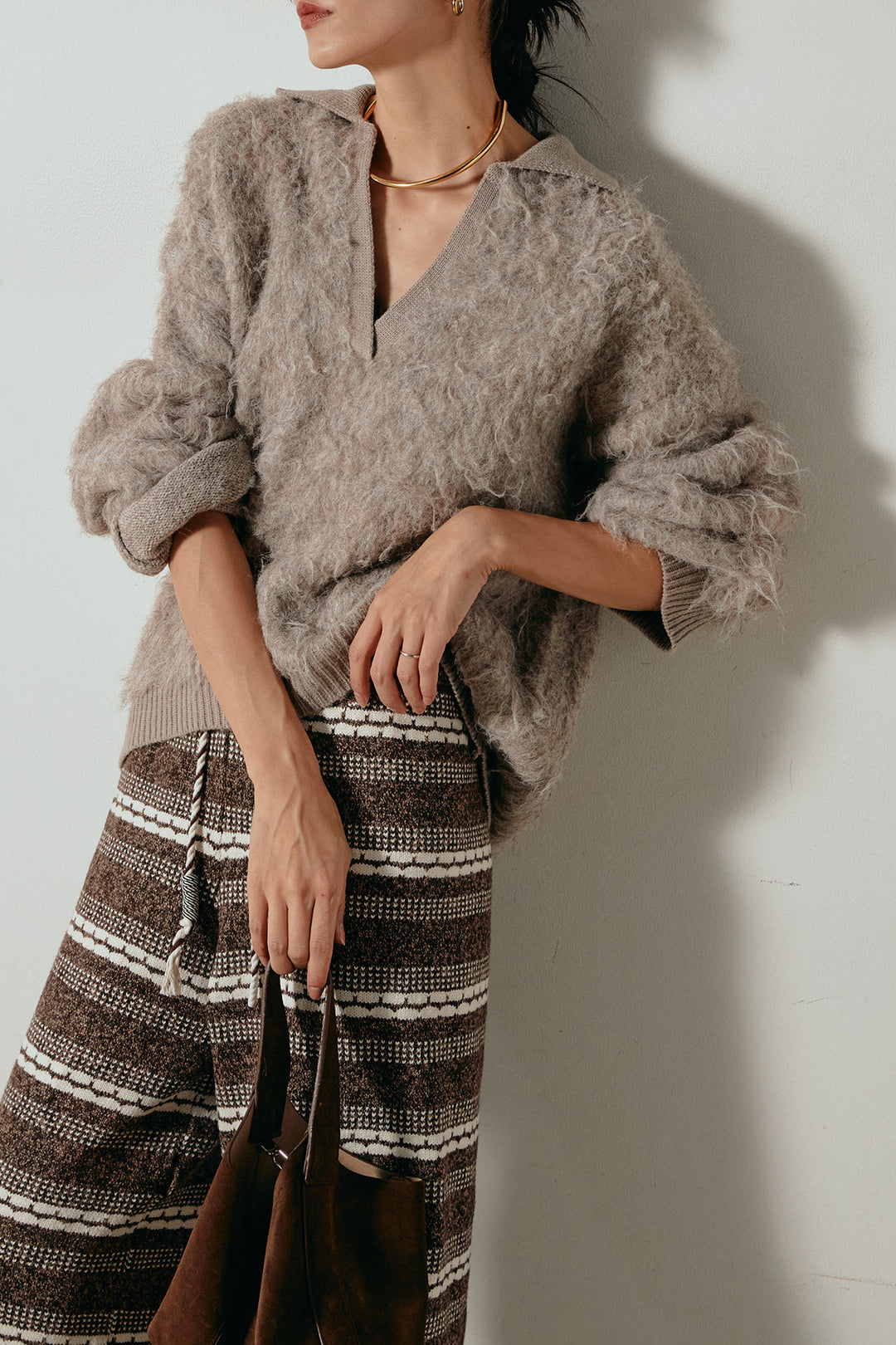 [SET]襟付きシャギーニットポロトップス+マルチライン柄リラックスニットパンツ(2set)