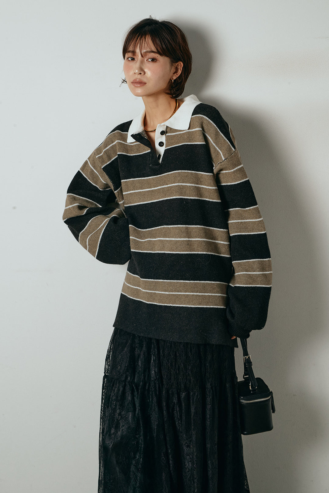 [SET]ラガーニットボーダーポロプルオーバー+ひげレース切替ロング丈スカート(2set)