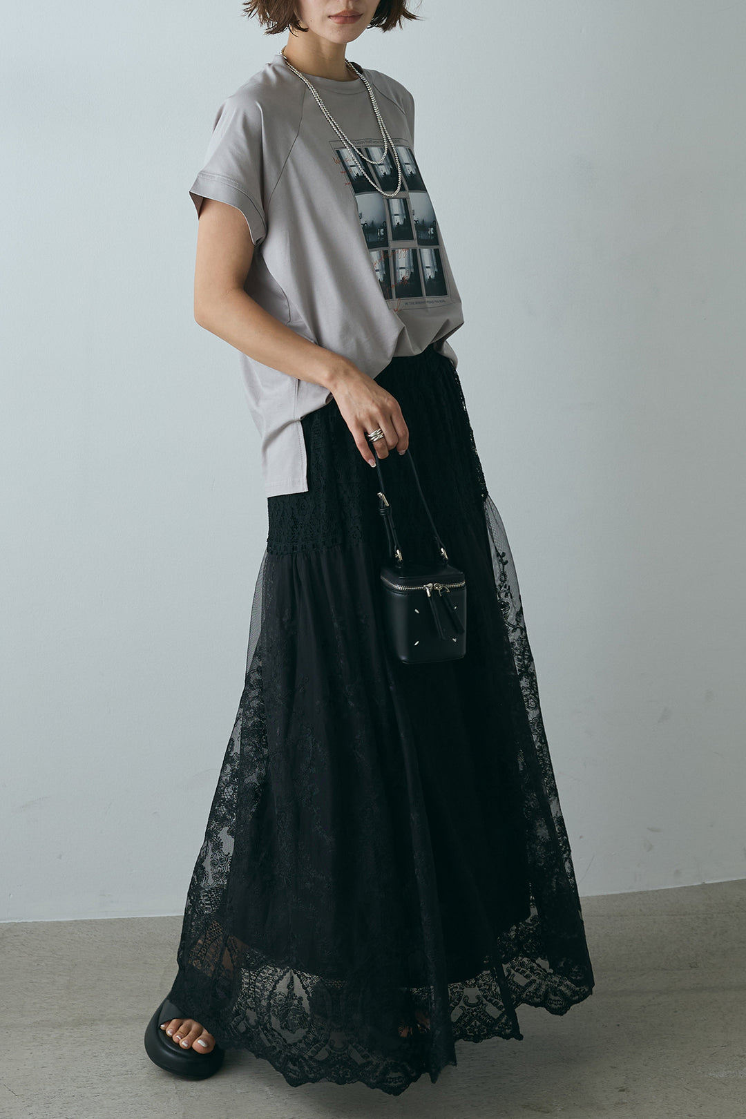 [SET]フォトプリントラグランTシャツ+ミックスレース刺繍スカート(2set)