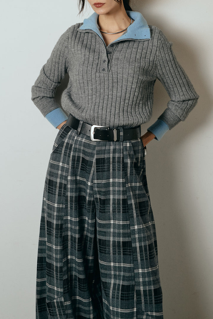 [SET]レイヤード風リブニットトップス+ベルト付きタータンチェックカーブワイドパンツ(2set)