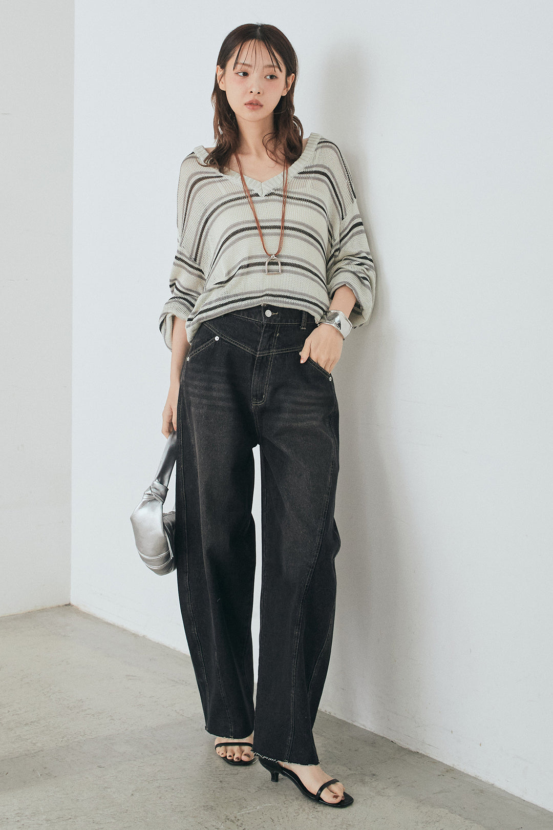 [SET]綿タッチVネックボーダートップス+デニムヨークパンツ(2set)