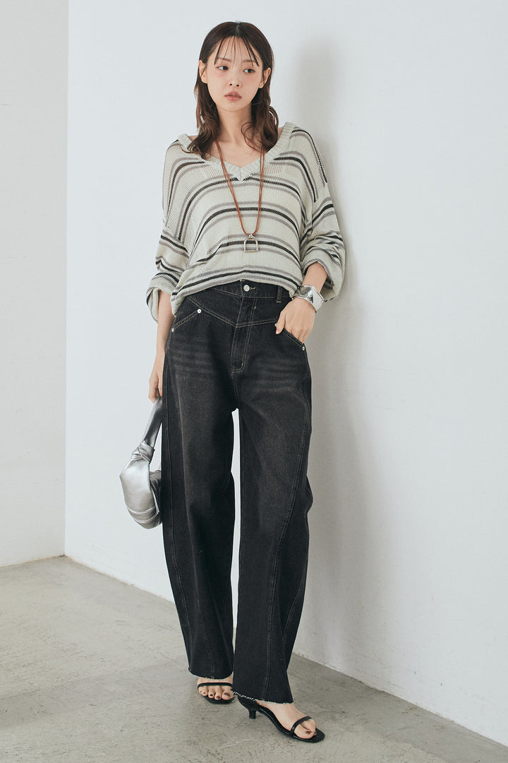 [SET]綿タッチVネックボーダートップス+デニムヨークパンツ(2set)