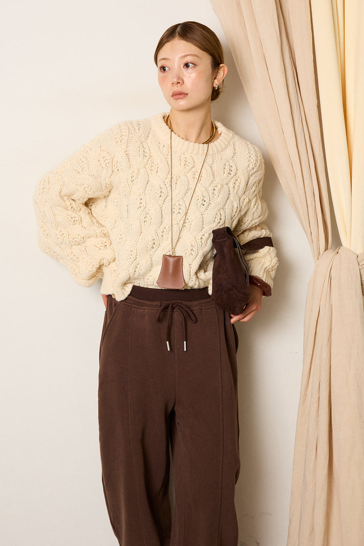 [SET]ケーブルリラックスショートニット+スウェットワイドカーブパンツ(2set)