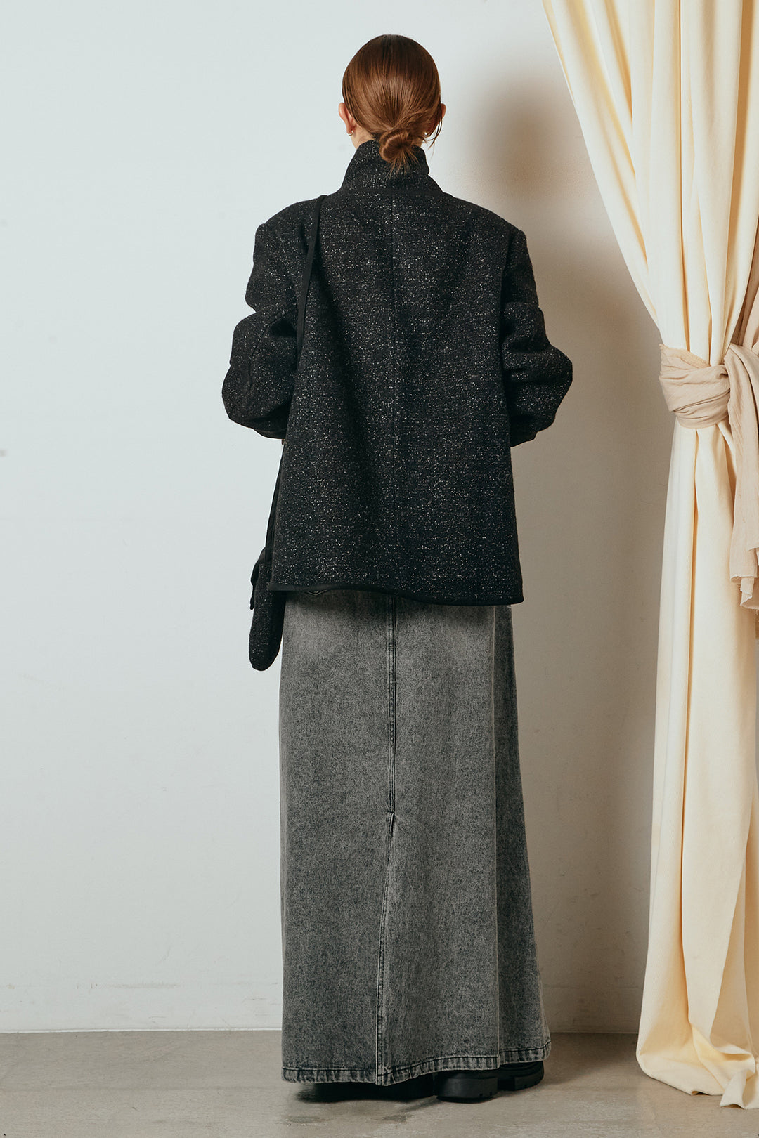 [SET]ノーカラーマフラーバッグ付きアウター+デニムロングフレアスカート(2set)