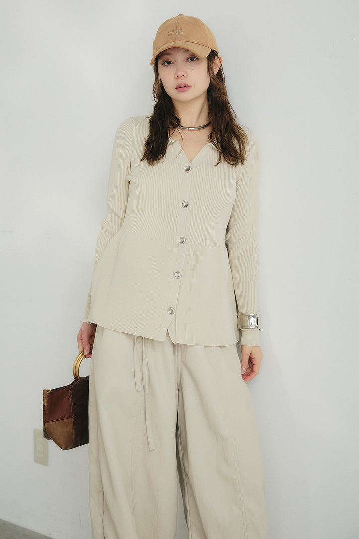 [SET]スキッパーペプラムニット+フェイクレザーカーブワイドパンツ(2set)