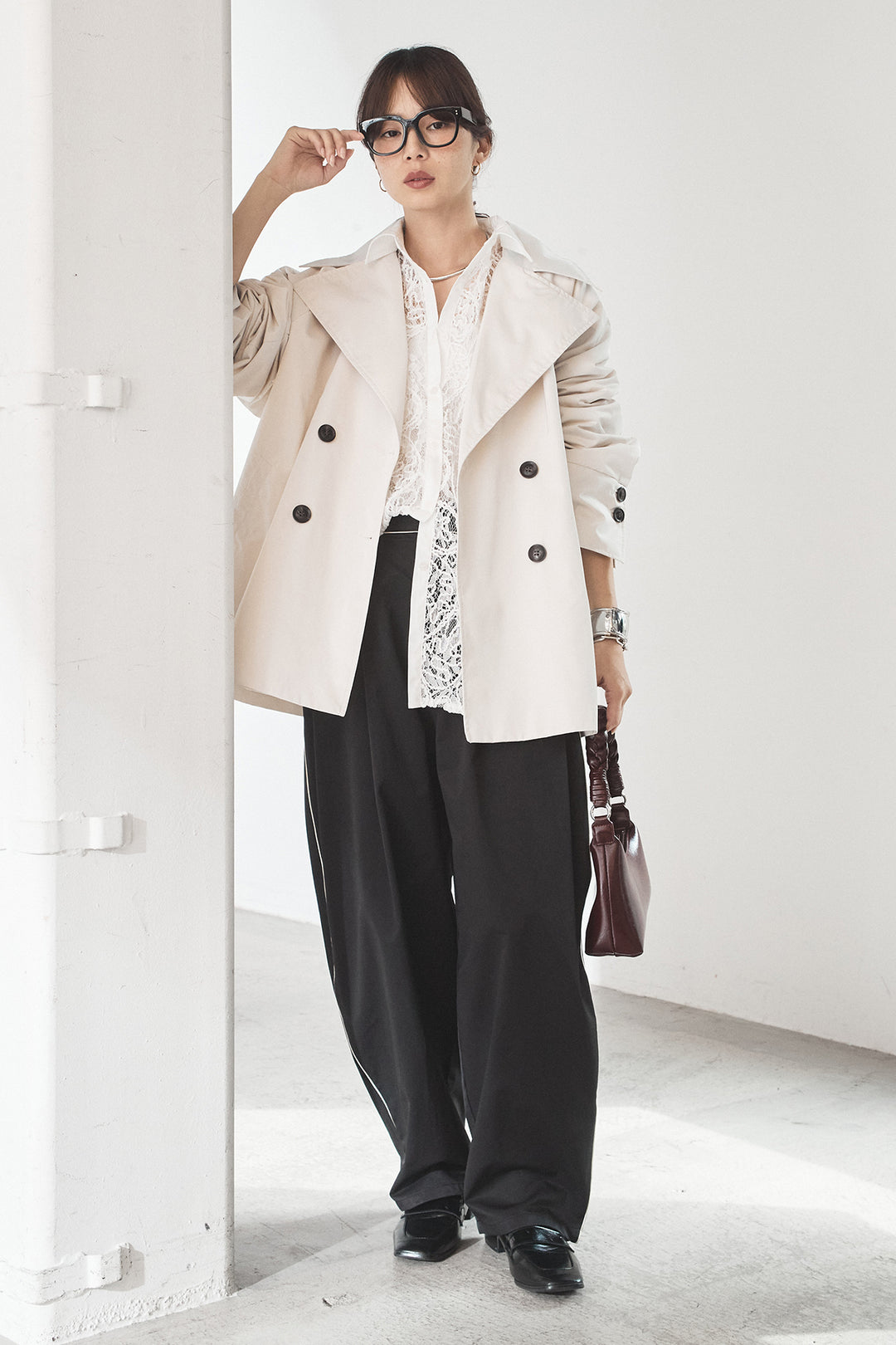 [SET]ナイロントレンチコート+刺繍レースオーバーサイズシャツ(2set)